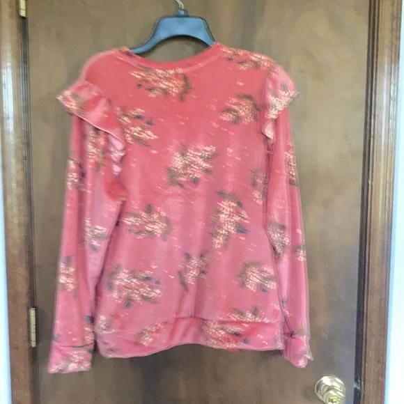 LC Lauren Conrad top floral print velvet w ruffle puff sleeve sweatshirt S M - Picture 10 of 15